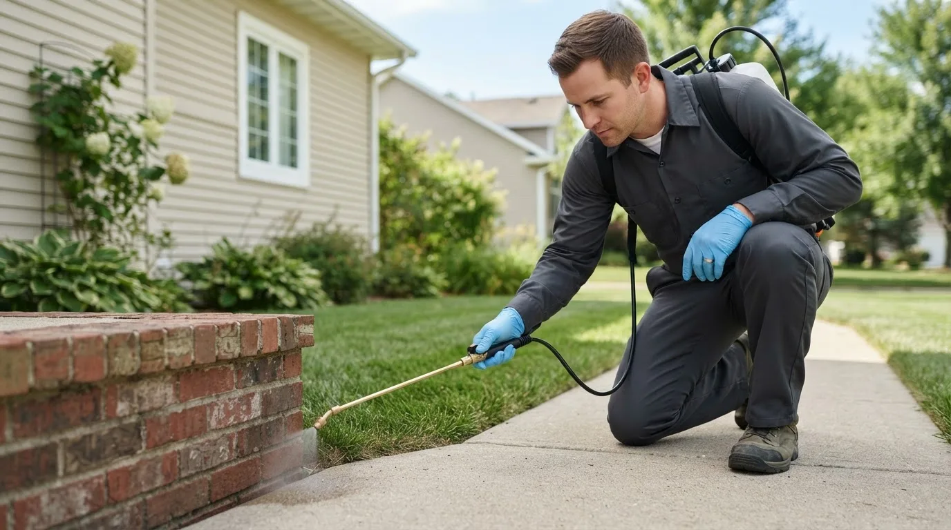 Pest control technician treating a home near Deepwater, MO