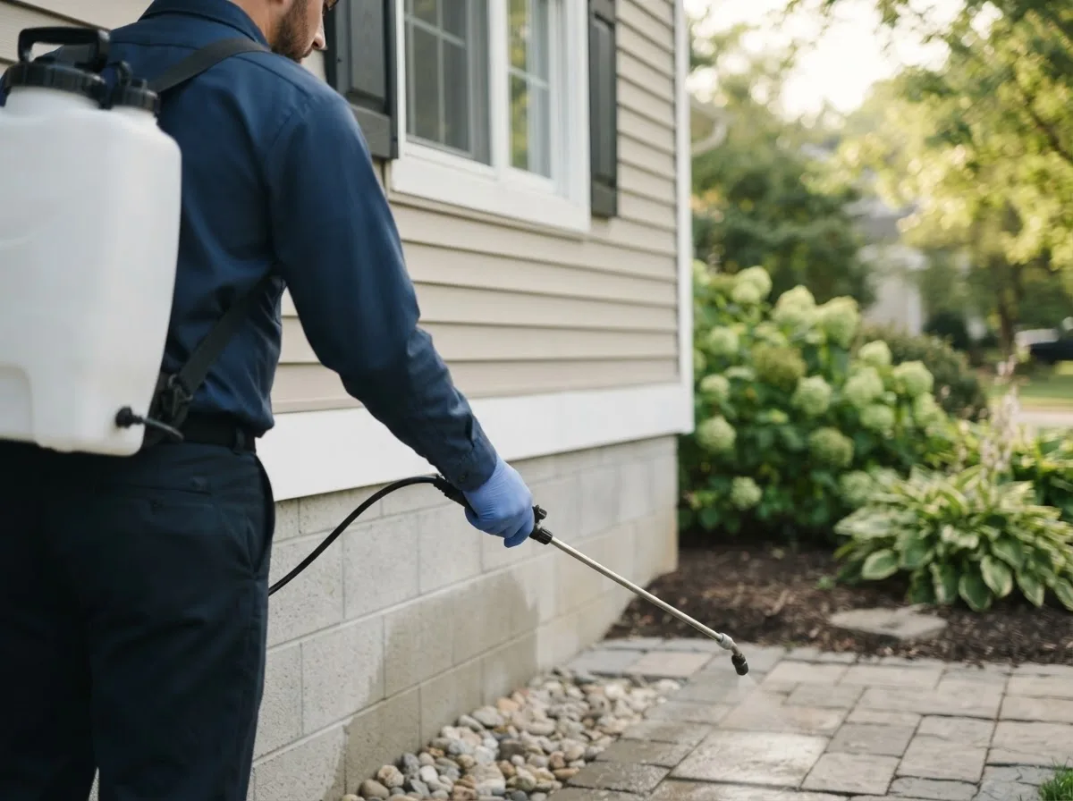 Pest control technician inspecting a home in Deepwater, MO